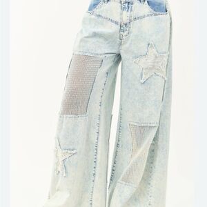 NWT Women's Large POL Acid Wash Patchwork Lightweight Denim Pants.Extra baggy